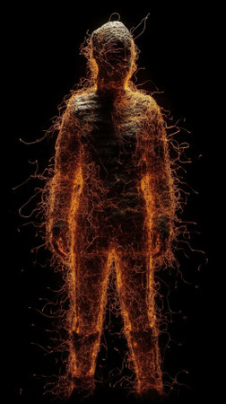 Fantasy mannequin with fire effect on a black background.の素材