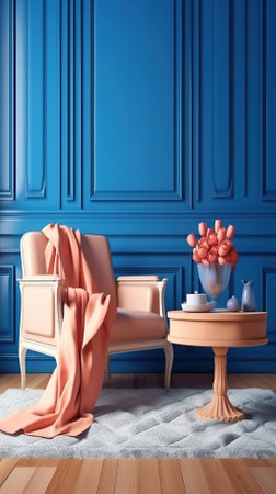 Classic living room interior with armchair, sofa, coffee table and flowers. Blue wall with mouldings. 3d render illustrationの素材
