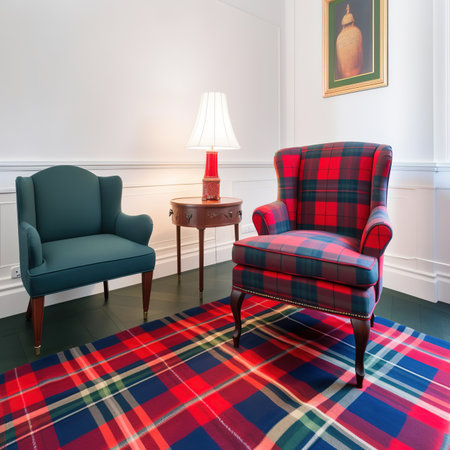 Luxury living room with red and blue armchairs. 3d renderの素材