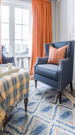Interior of luxury living room with blue armchair and orange curtainの素材