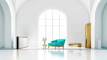 Interior of modern living room with white walls, white floor, blue sofa and golden armchair. 3d renderingの素材