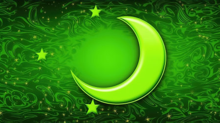Illustration of green crescent moon and stars on a green backgroundの素材