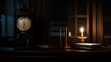 Candle, books and clock on the table. Night scene.の素材