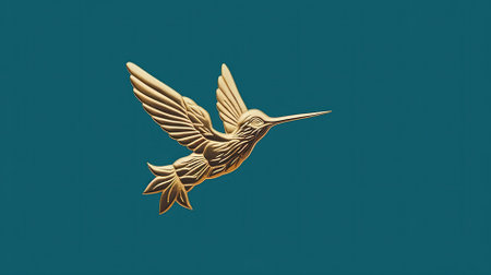 Golden hummingbird isolated on blue background. 3d render illustration.の素材