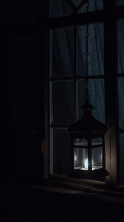 Lantern in the window at night. Selective focus.の素材