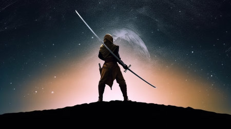 Silhouette of man with sword against starry sky. Mixed mediaの素材