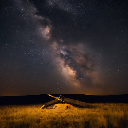 Milky Way over the field with a gun in the foreground.