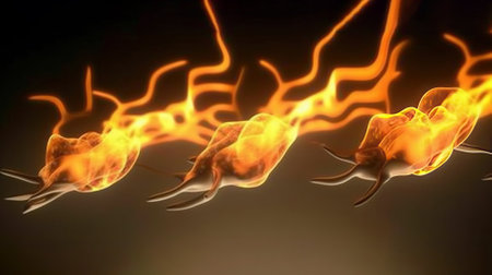 3d rendering of fire flames in a dark background with copy spaceの素材