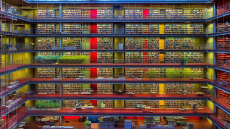Library with bookshelf in a public library in Barcelona, Spainの素材