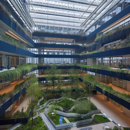 3D render of modern architecture in a shopping mall with green plantsの素材