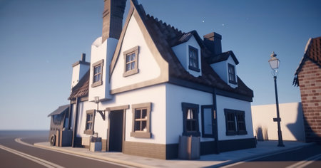 3d rendering of a house on the street in the evening.の素材