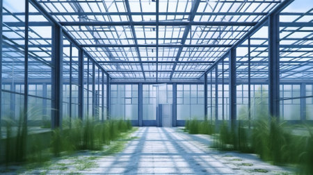 3d render of a modern greenhouse with glass ceiling and green plantsの素材