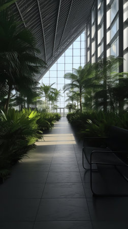 Modern office interior with palm trees and plants. 3d render.の素材