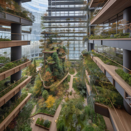 3D rendering of a modern office building with a lot of plantsの素材