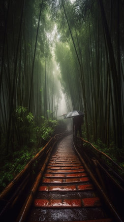 Mysterious bamboo grove in a misty morning, Arashiyama, Kyoto, Japanの素材