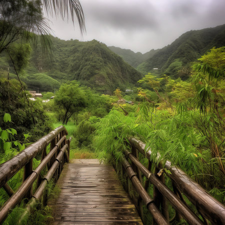 Wooden walkway in the rain forest with green mountain background.の素材
