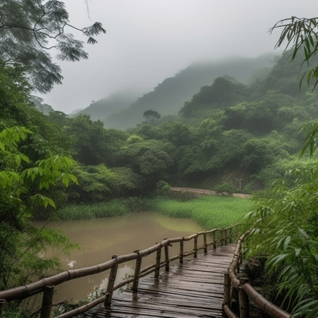 Wooden walkway in the jungle with mist in the morning.の素材