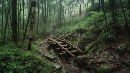 Hiking trail in the forest with wooden bridge in the middle.の素材