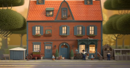 miniature people in front of the house. 3d render illustrationの素材