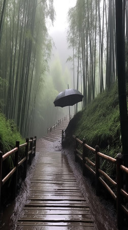 The bamboo forest in the morning with a wooden bridge and umbrella.の素材