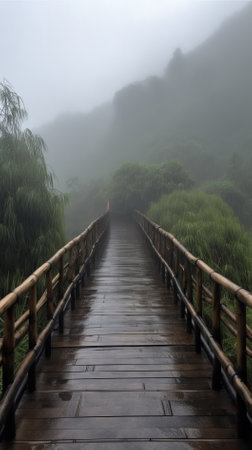 Wooden walkway in the mist at Doi Inthanon National Park, Chiang Mai, Thailandの素材