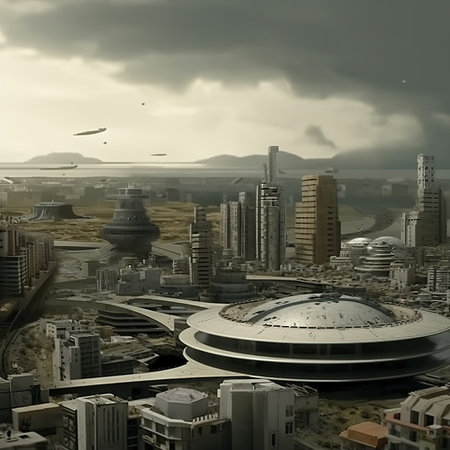 3D rendering of a futuristic city with skyscrapers and buildingsの素材