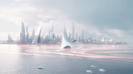 Futuristic city on the background of the sea. 3d renderingの素材