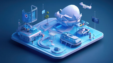 isometric space ship and astronaut on the smartphone, 3d illustrationの素材