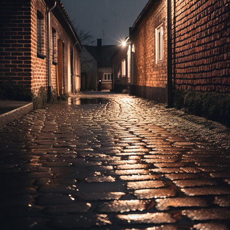 Old cobblestone street at night in Bruges, Belgiumの素材