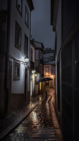 Night view of a narrow street in the old town of Lisbon, Portugalの素材