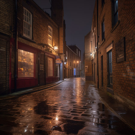 Wet cobbled street at night in London, England, UKの素材