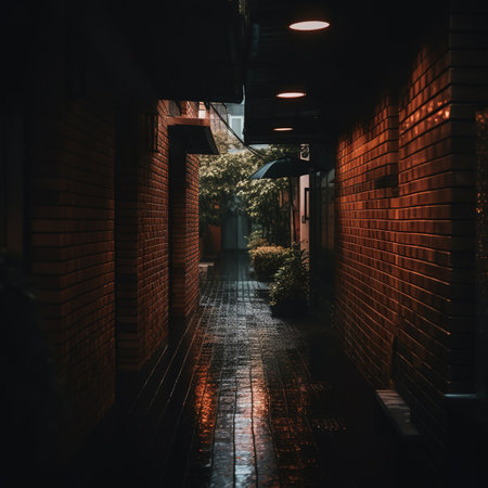 A night view of a narrow street in the old town of Tokyo, Japan.の素材