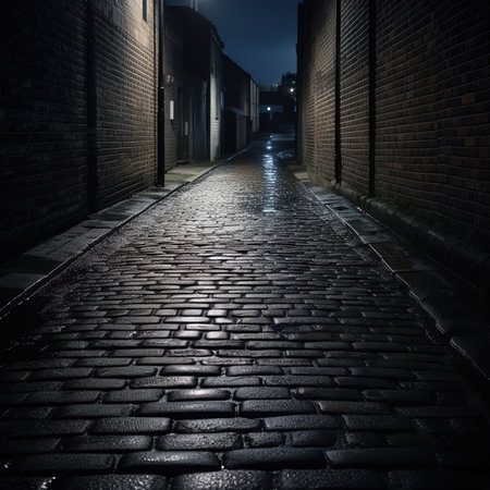 Wet cobblestone street at night in London, UK.の素材