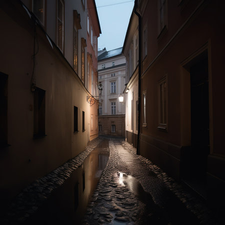 Old street in the old town of Lviv, Ukraine. Night photo.の素材