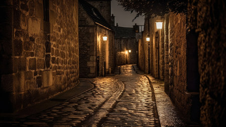 Cobblestone street at night in Edinburgh, Scotland, UKの素材