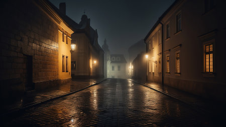 Old town street at night in Prague, Czech Republic. Long exposure.の素材