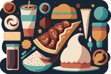 Coffee and sweets in flat style. Vector illustration of fast food.の素材