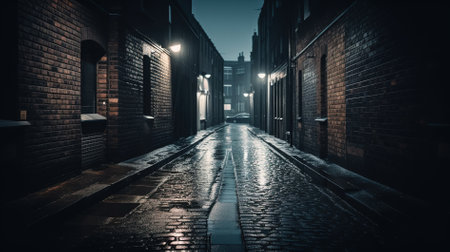 Night view of a narrow street in the old town of London.の素材