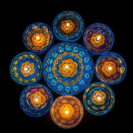 Colorful candles in the shape of a mandala on a black backgroundの素材