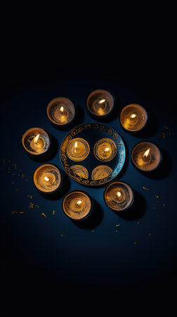 Burning candles in the shape of a circle on a dark backgroundの素材