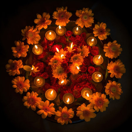 Burning candles and flowers in the form of a bouquet.の素材