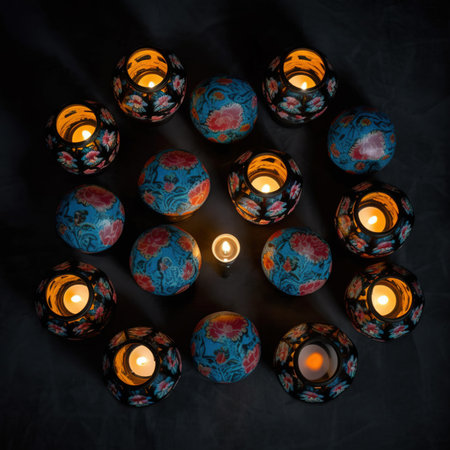 Group of burning candles in the shape of a circle on a black backgroundの素材