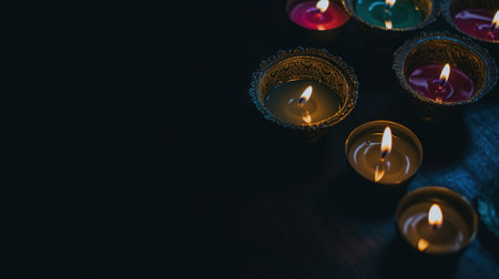 Close up of burning candles on dark background with copy space for textの素材