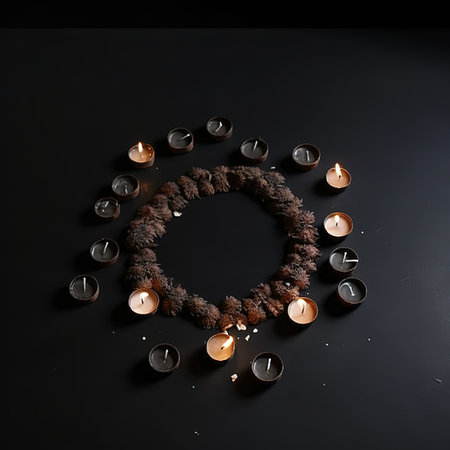 Wax candles in a circle on a black background, top viewの素材