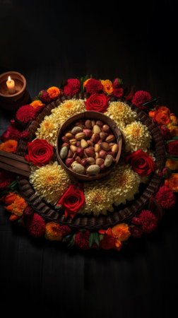 Indian Festival Dussehra,Flowers and fruits in a bowlの素材