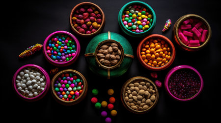 Colorful candies in bowls and candies on black background.の素材