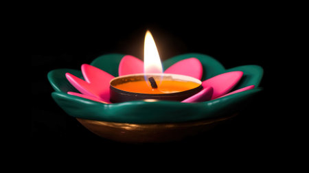 Colorful diwali diya on black background, close upの素材
