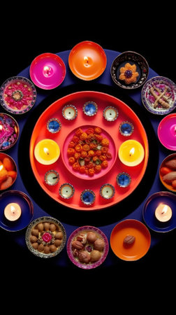 Beautiful diwali diya lamps lit on colorful rangoli. Hindu traditional celebration.の素材