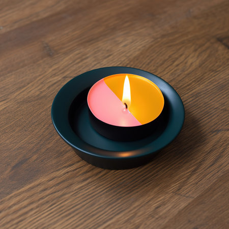 Burning candle in a black candlestick on a wooden backgroundの素材