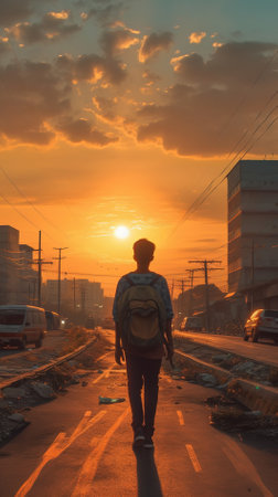 Back view of a young man with backpack walking on the road at sunsetの素材